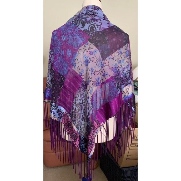 Vintage Elaine Gold for Collection XIIX Purple Patchwork Fringed Sheer Art Scarf - Picture 13 of 13